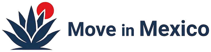 Move in Mexico logo: stylized blue agave plant with a red sun and bold navy text 'Move in Mexico'.