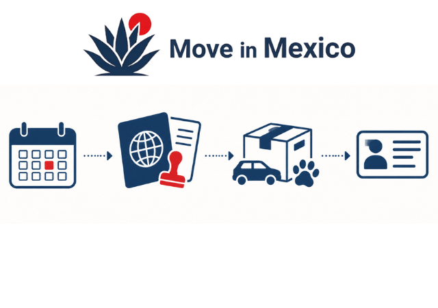 Four steps of moving to Mexico shown as icons: a calendar, a passport with visa stamp, a moving box with car and pet, and a resident ID card
